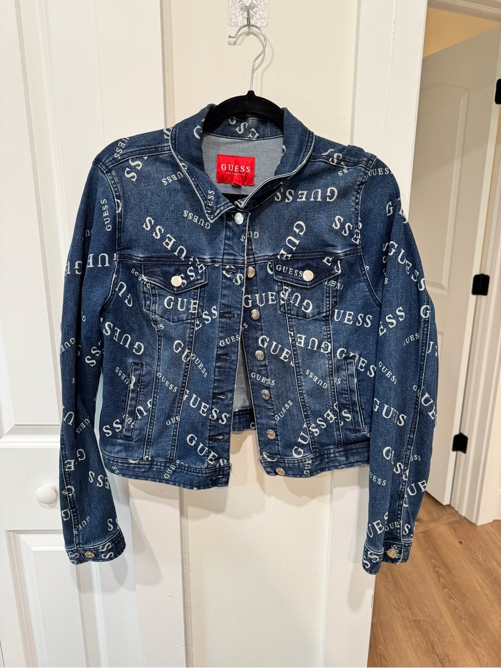 Guess Dark Blue Logo-Print Denim Jacket